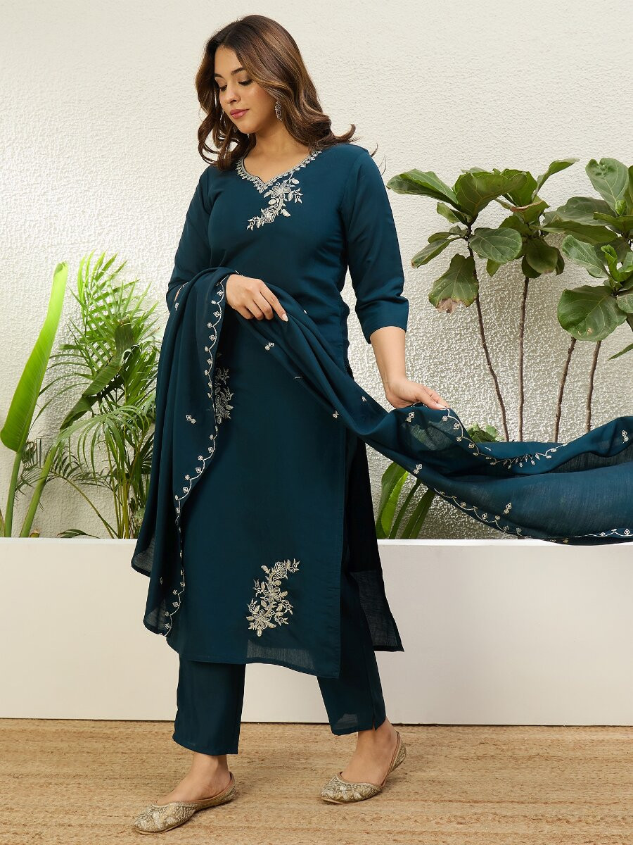 Blue Roman Silk Embroidery Wedding Party Festival Casual Pant Salwar Kameez