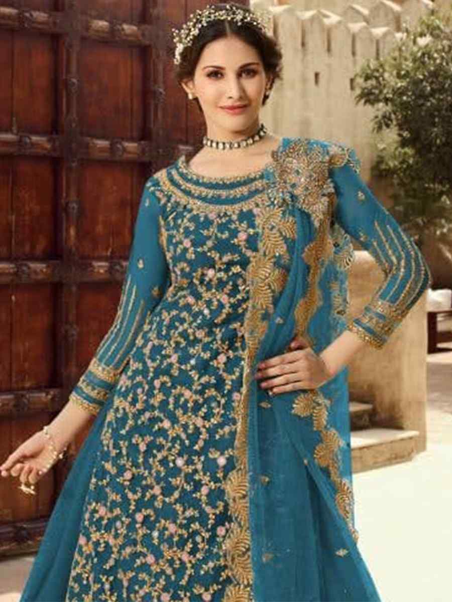 Blue Santoon Embroidered Bridesmaid Reception Kurti Lehenga Choli