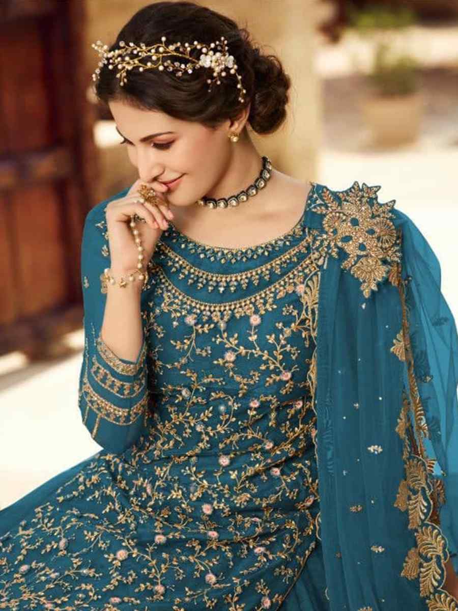 Blue Santoon Embroidered Bridesmaid Reception Kurti Lehenga Choli