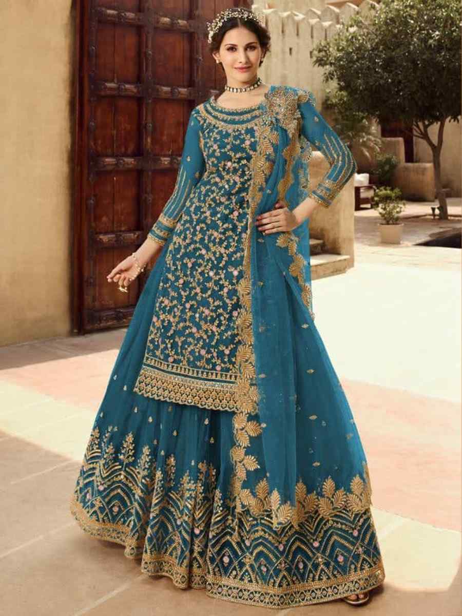 Blue Santoon Embroidered Bridesmaid Reception Kurti Lehenga Choli