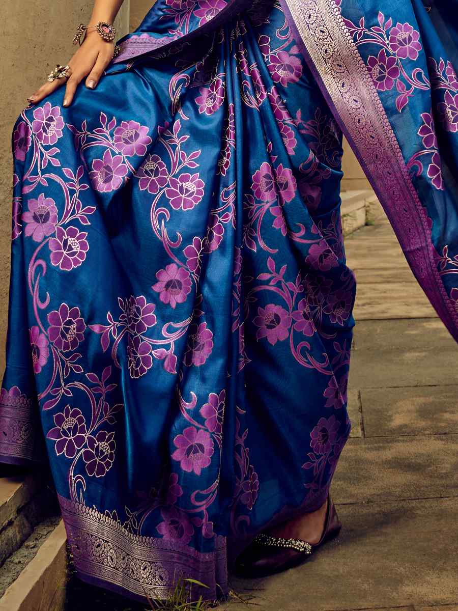 Blue Satin Brasso Handwoven Wedding Festival Heavy Border Saree