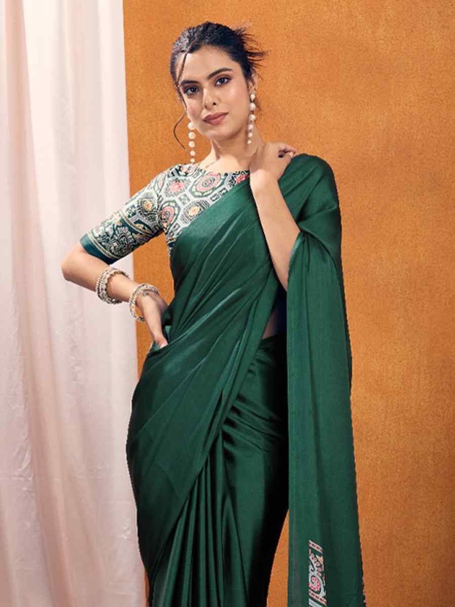 Blue Satin Crape Printed Festival Wedding Fancy Heavy Border Saree