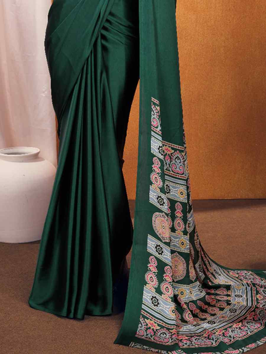 Blue Satin Crape Printed Festival Wedding Fancy Heavy Border Saree
