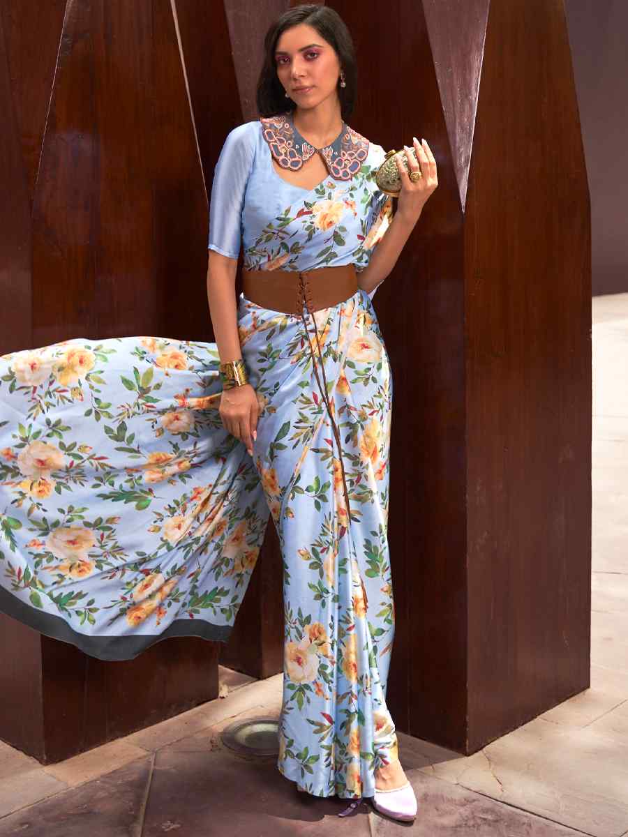 Blue Satin Crepe Printed Party Festival Contemporary Saree