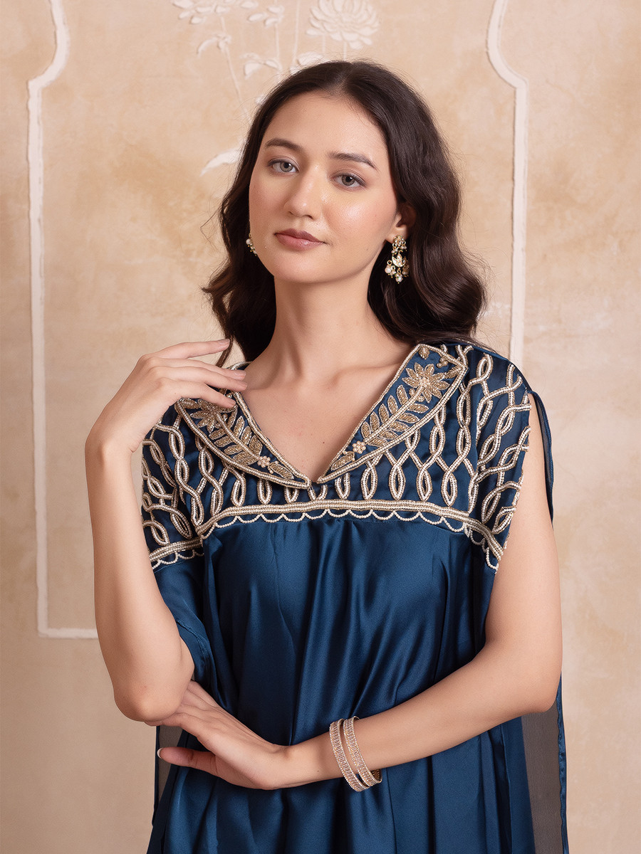 Blue Satin Embroidered Festival Casual Party Wear Reday Kurti Bottom Women Wear