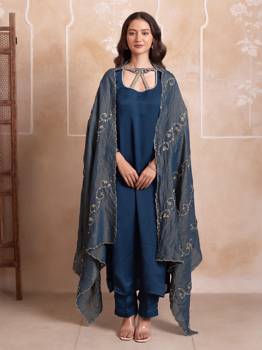 Blue Satin Embroidery Wedding Party Festival Casual Ready Pant Salwar Kameez