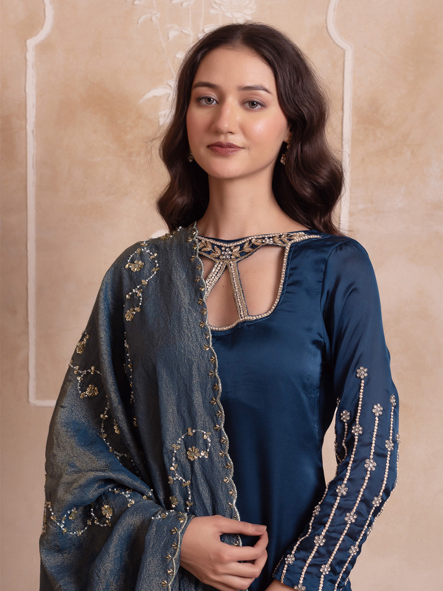 Blue Satin Embroidery Wedding Party Festival Casual Ready Pant Salwar Kameez