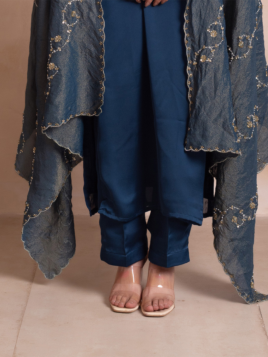 Blue Satin Embroidery Wedding Party Festival Casual Ready Pant Salwar Kameez