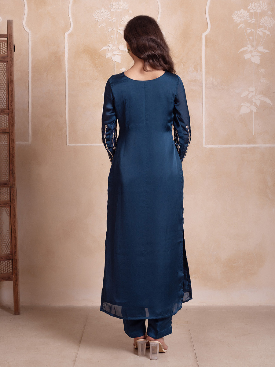 Blue Satin Embroidery Wedding Party Festival Casual Ready Pant Salwar Kameez