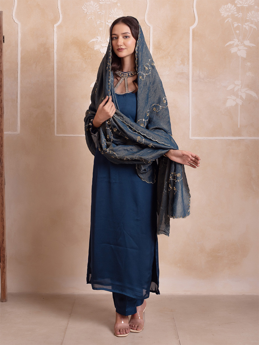 Blue Satin Embroidery Wedding Party Festival Casual Ready Pant Salwar Kameez