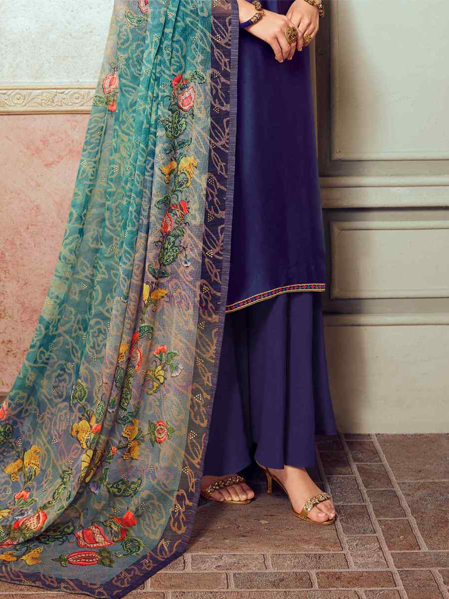 Blue Satin Georgette Embroidered Festival Casual Palazzo Pant Salwar Kameez