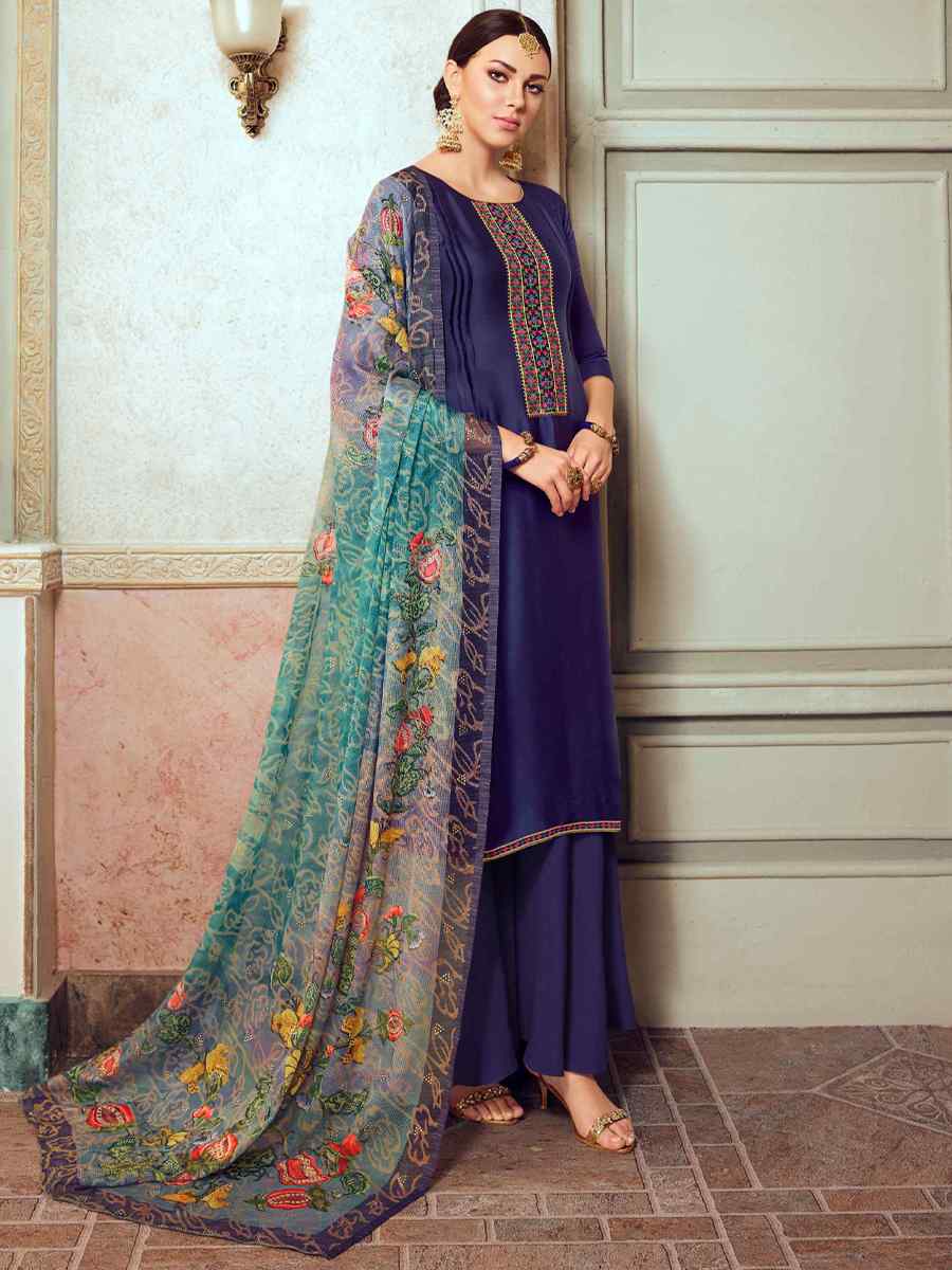 Blue Satin Georgette Embroidered Festival Casual Palazzo Pant Salwar Kameez