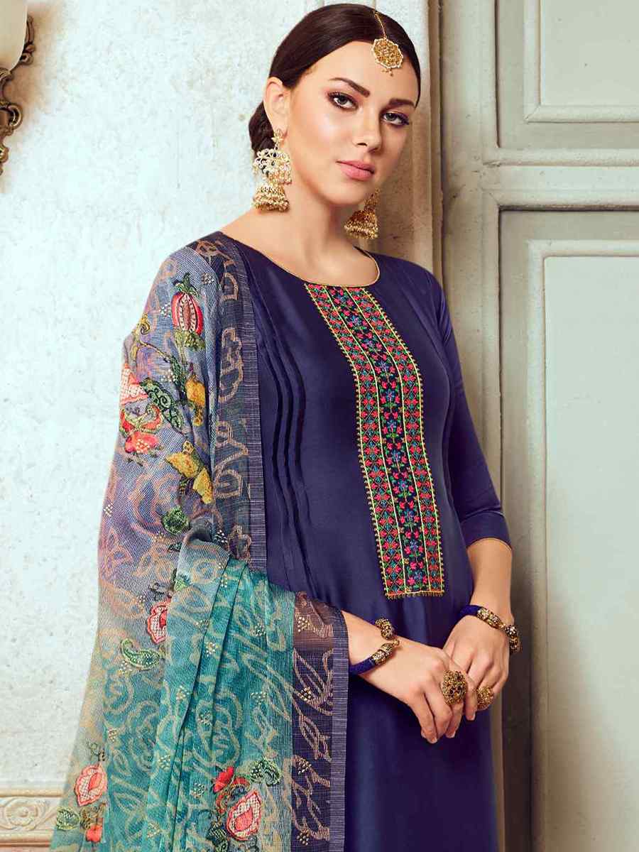 Blue Satin Georgette Embroidered Festival Casual Palazzo Pant Salwar Kameez