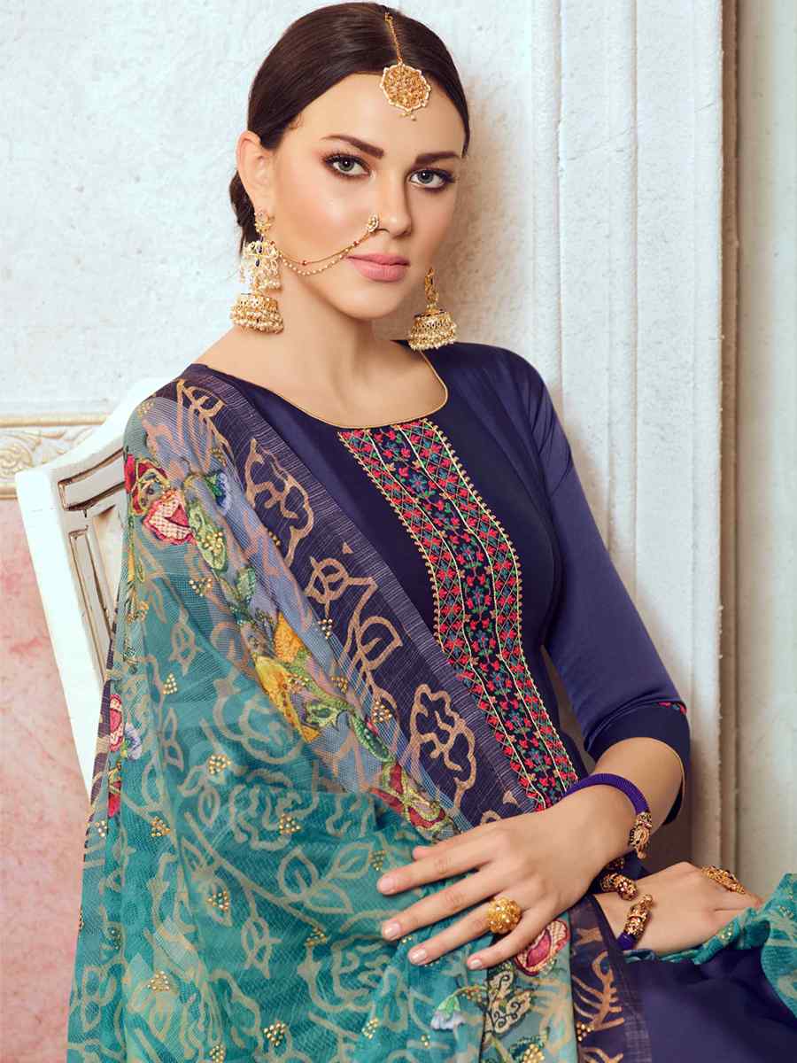 Blue Satin Georgette Embroidered Festival Casual Palazzo Pant Salwar Kameez