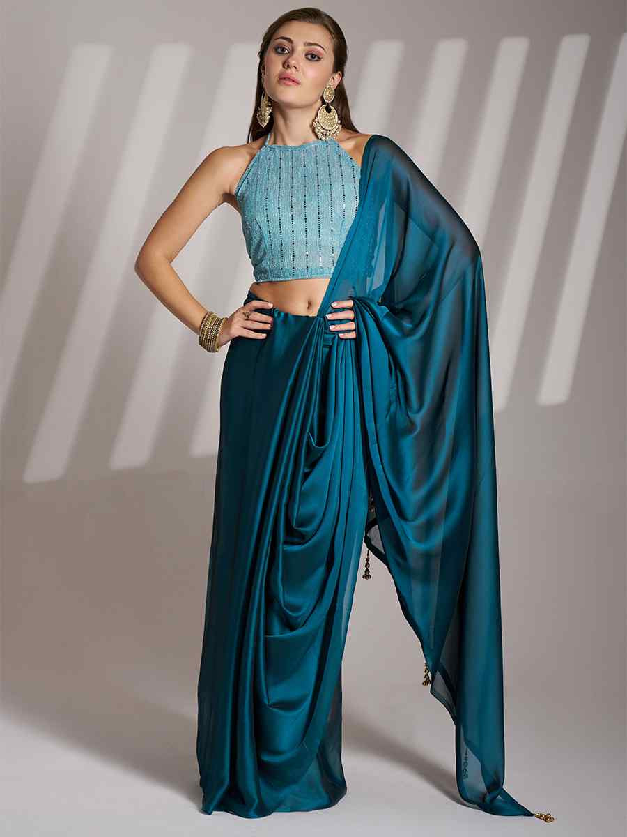 Blue Satin Rangoli Solid Casual Festival Classic Style Saree