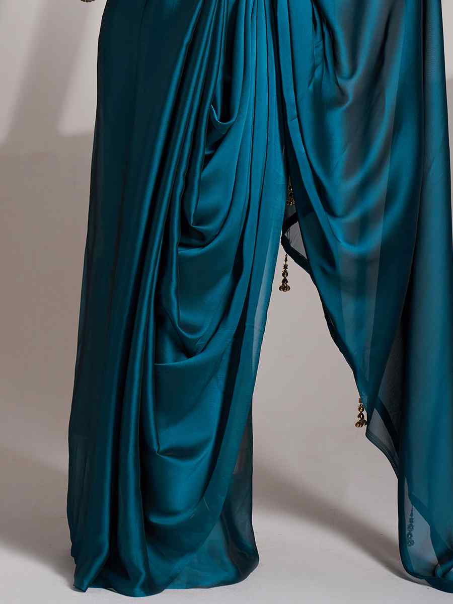 Blue Satin Rangoli Solid Casual Festival Classic Style Saree