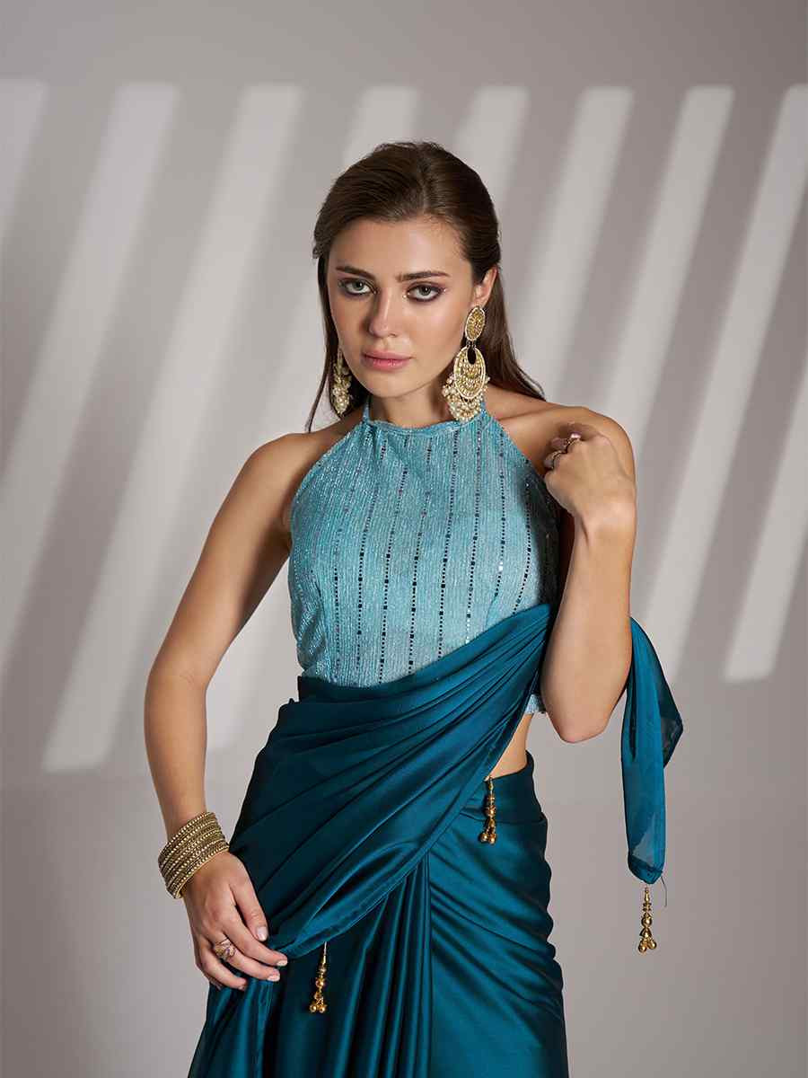 Blue Satin Rangoli Solid Casual Festival Classic Style Saree