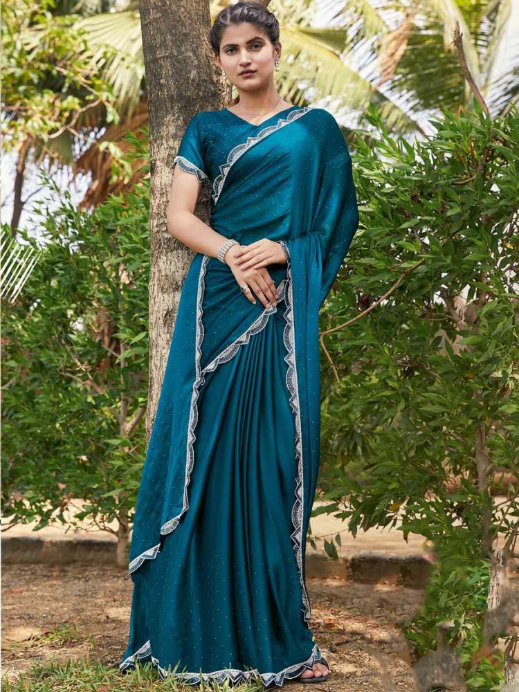 Blue Satin Silk Chiffon Embroidered Reception Party Classic Style Saree