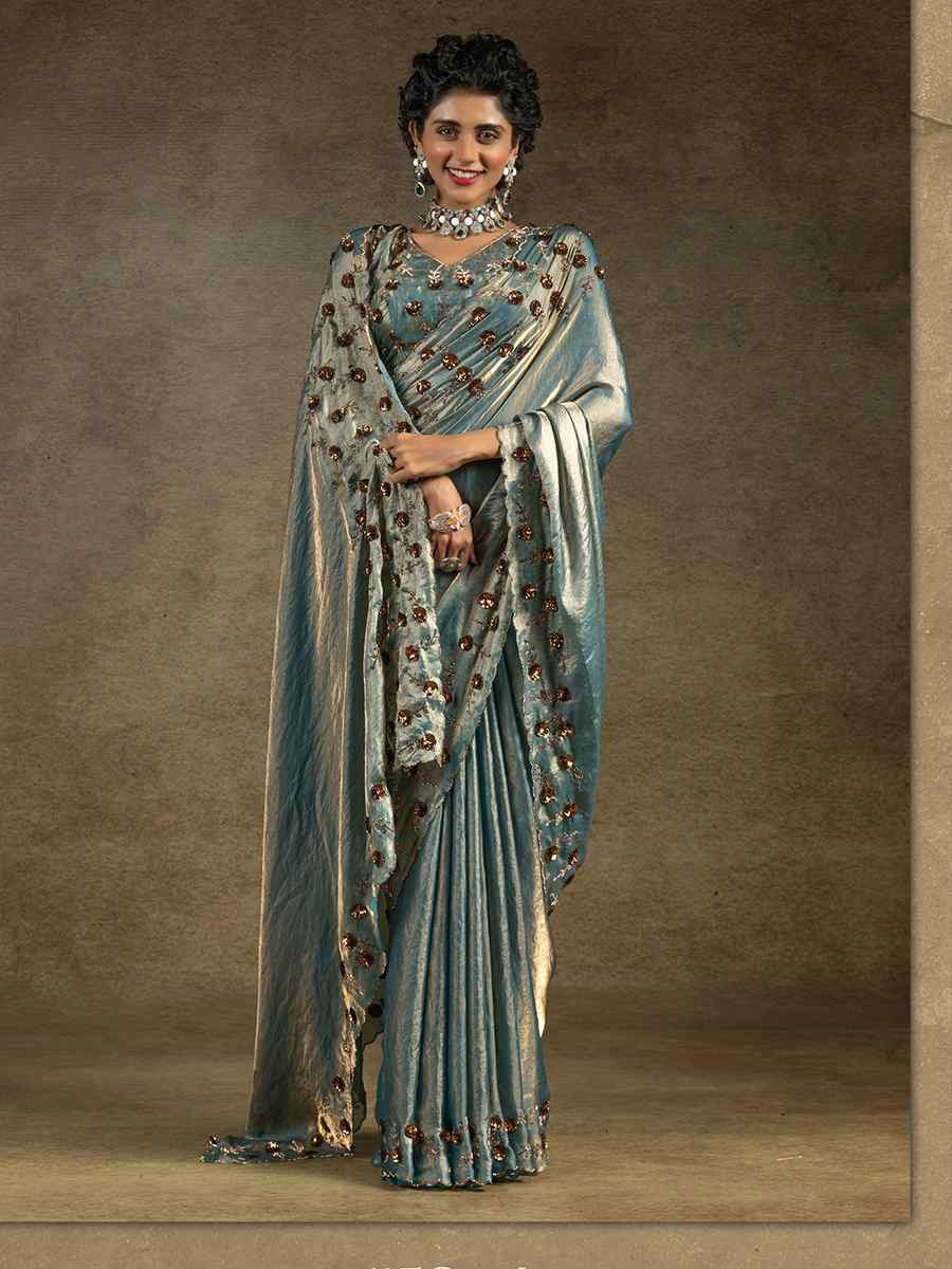 Blue Satin Silk Embroidered Festival Wedding Fancy Heavy Border Saree
