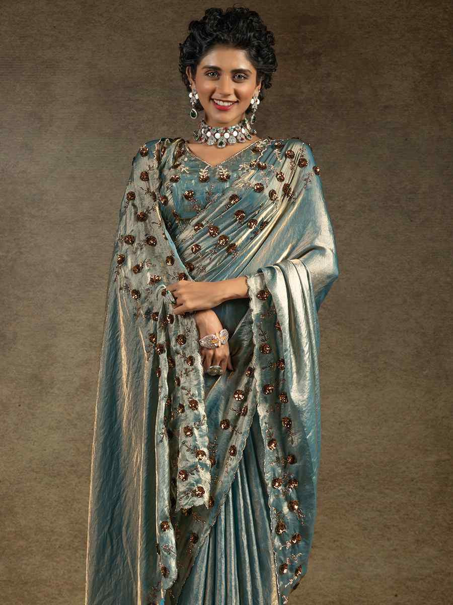 Blue Satin Silk Embroidered Festival Wedding Fancy Heavy Border Saree