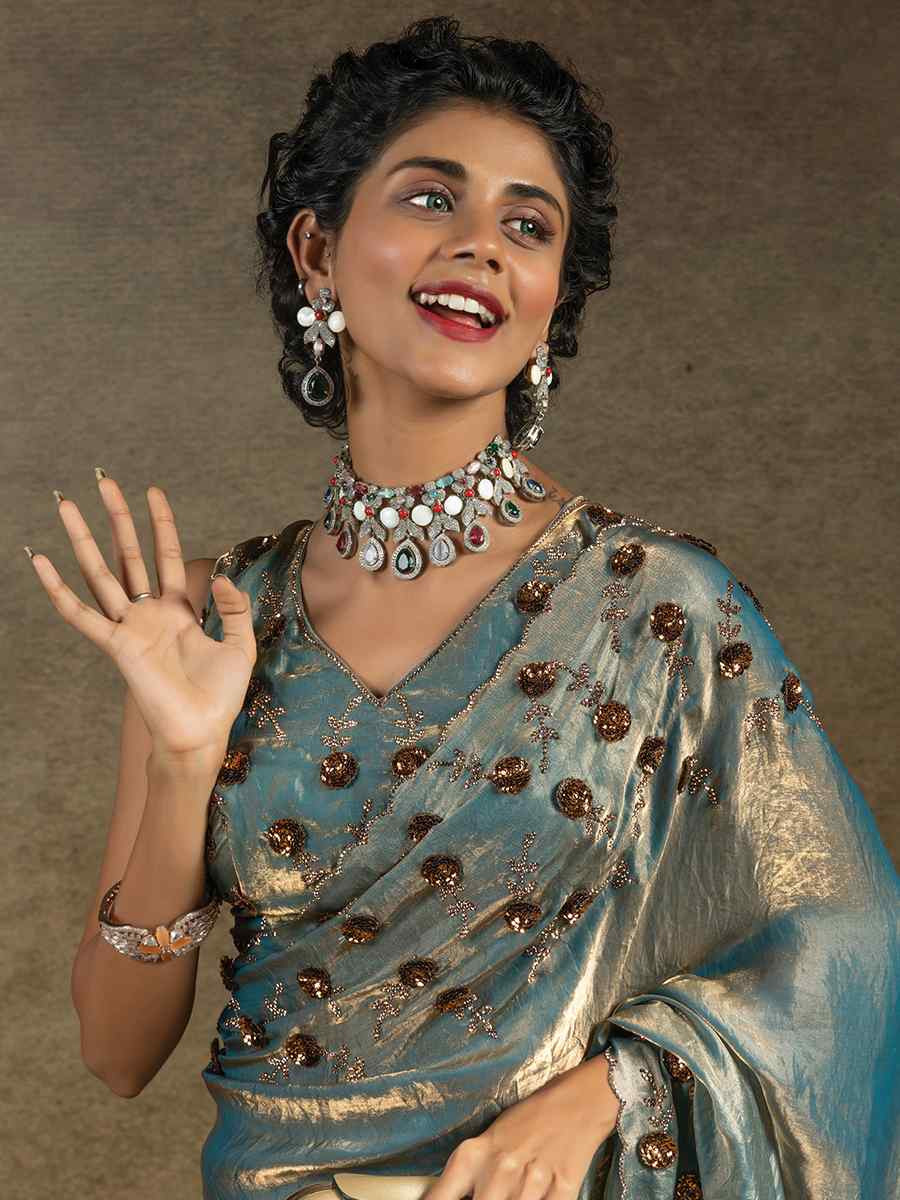 Blue Satin Silk Embroidered Festival Wedding Fancy Heavy Border Saree