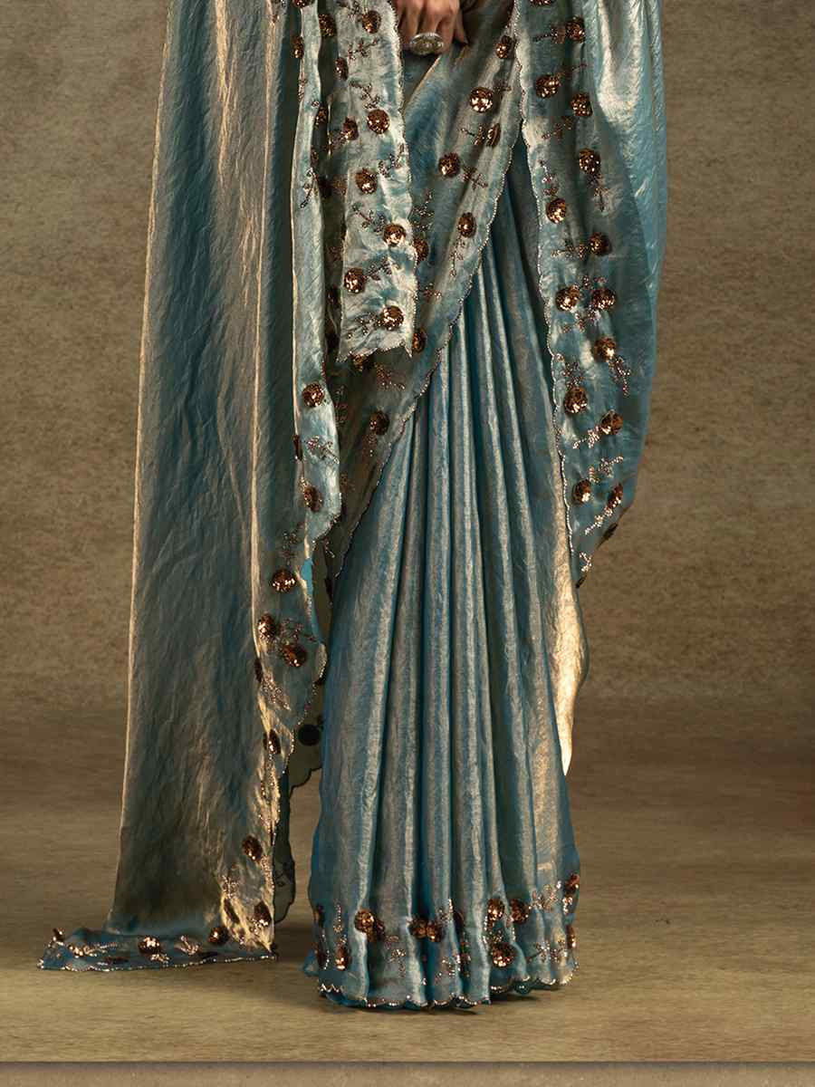 Blue Satin Silk Embroidered Festival Wedding Fancy Heavy Border Saree