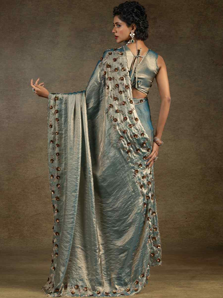 Blue Satin Silk Embroidered Festival Wedding Fancy Heavy Border Saree