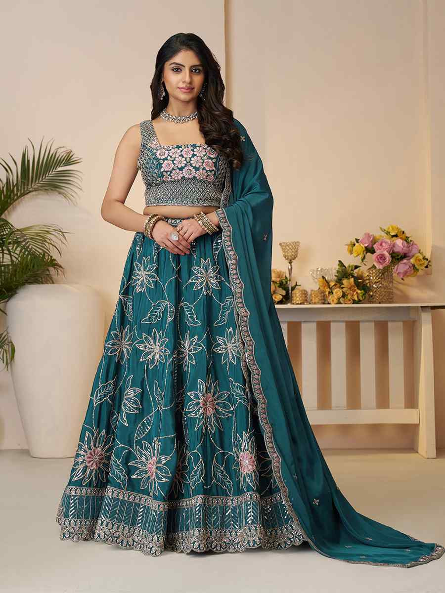 Blue Satin silk Embroidered Wedding Bridesmaid Heavy Border Lehenga Choli