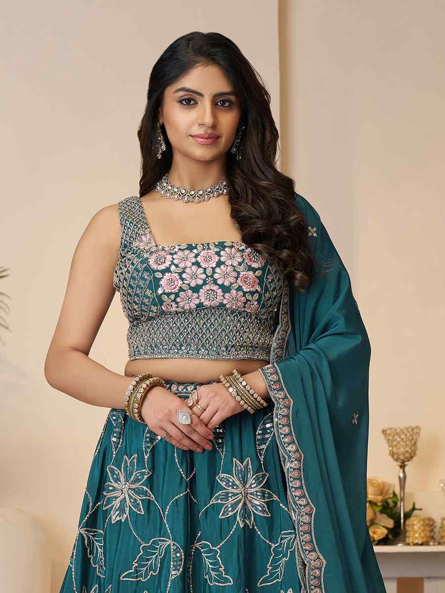 Blue Satin silk Embroidered Wedding Bridesmaid Heavy Border Lehenga Choli