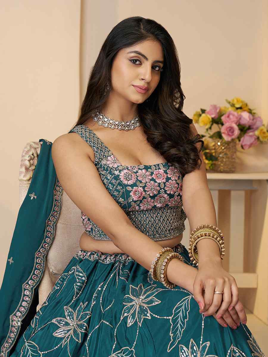 Blue Satin silk Embroidered Wedding Bridesmaid Heavy Border Lehenga Choli