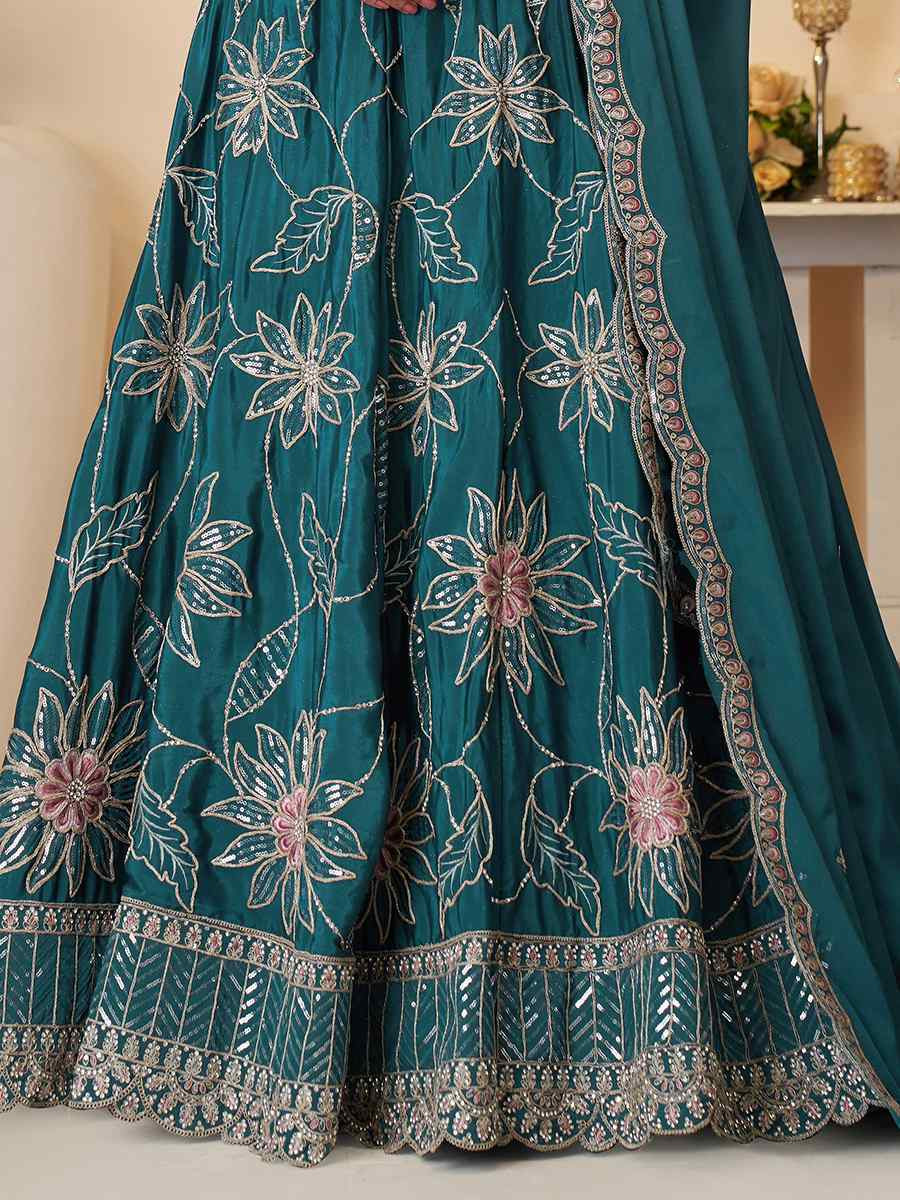 Blue Satin silk Embroidered Wedding Bridesmaid Heavy Border Lehenga Choli
