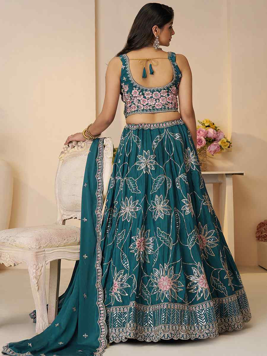 Blue Satin silk Embroidered Wedding Bridesmaid Heavy Border Lehenga Choli