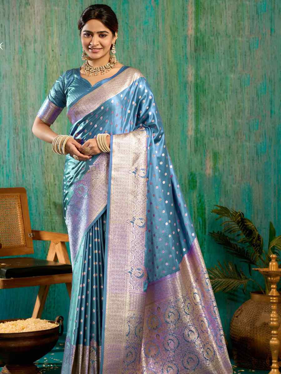 Blue Satin Silk Handwoven Casual Reception Festival Wedding Fancy Classic Style Sarees