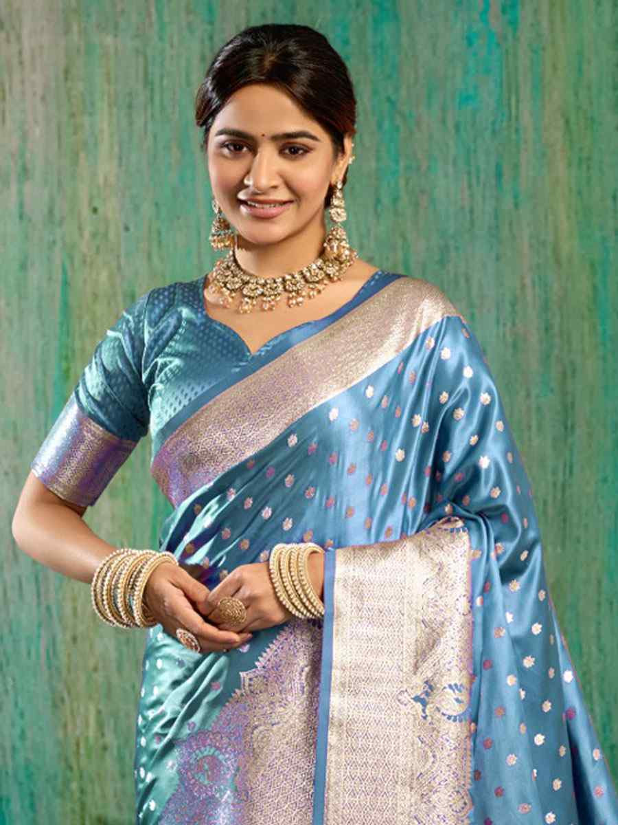 Blue Satin Silk Handwoven Casual Reception Festival Wedding Fancy Classic Style Sarees