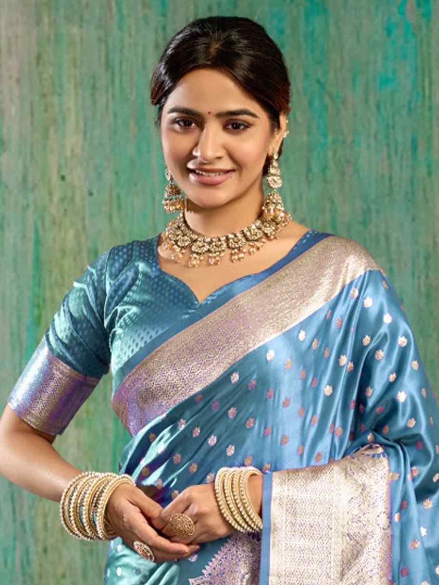 Blue Satin Silk Handwoven Casual Reception Festival Wedding Fancy Classic Style Sarees