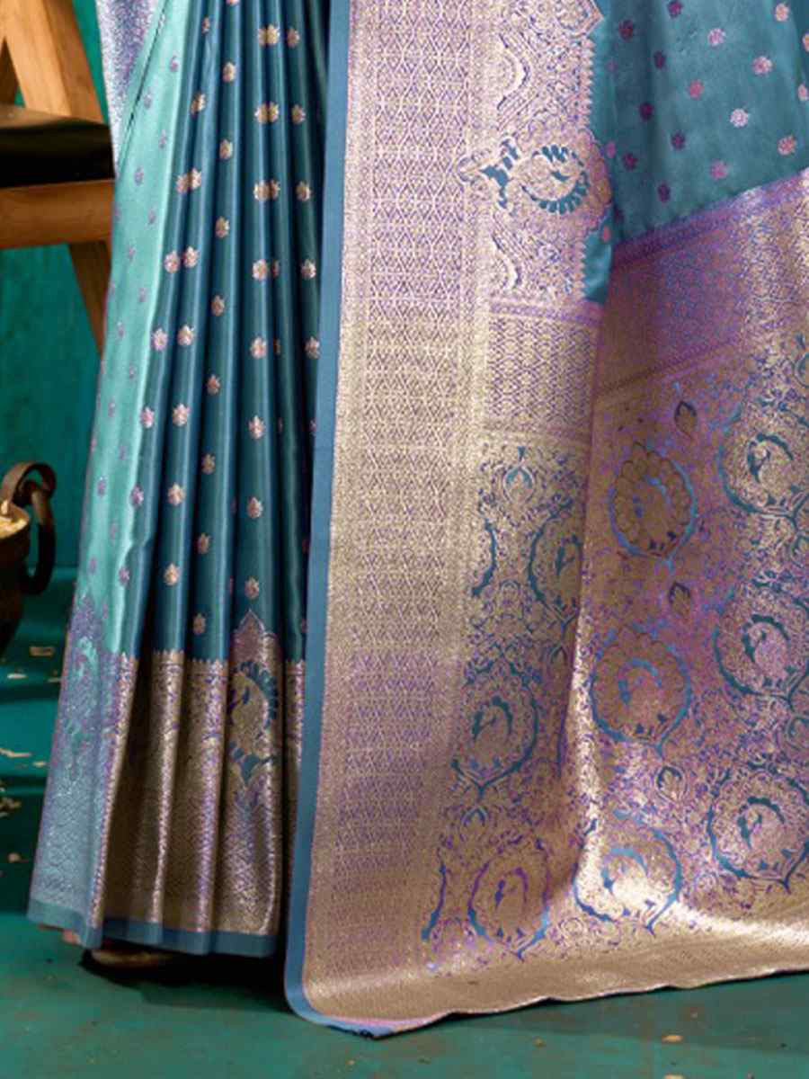 Blue Satin Silk Handwoven Casual Reception Festival Wedding Fancy Classic Style Sarees