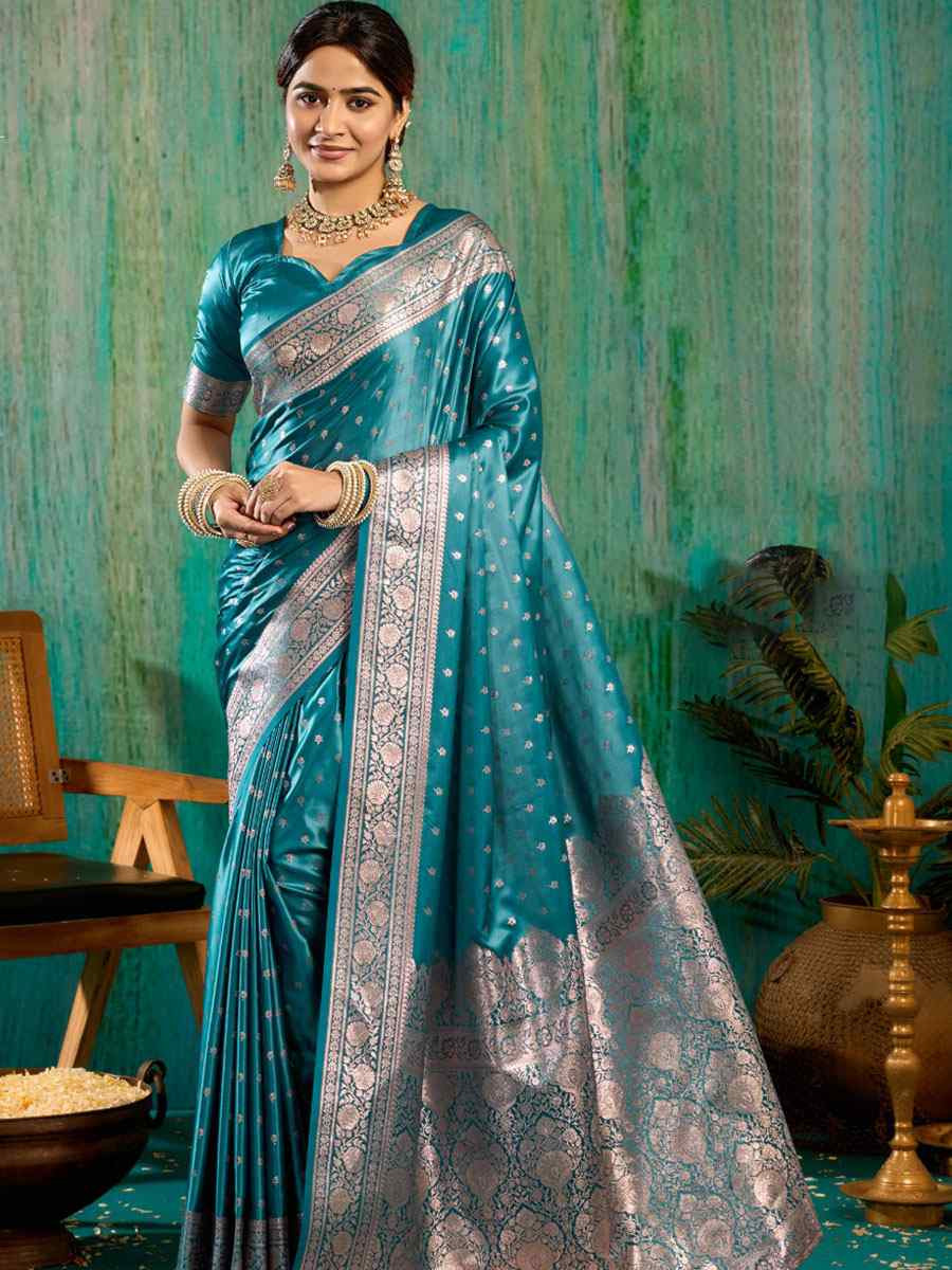 Blue Satin Silk Handwoven Casual Reception Festival Wedding Fancy Classic Style Sarees
