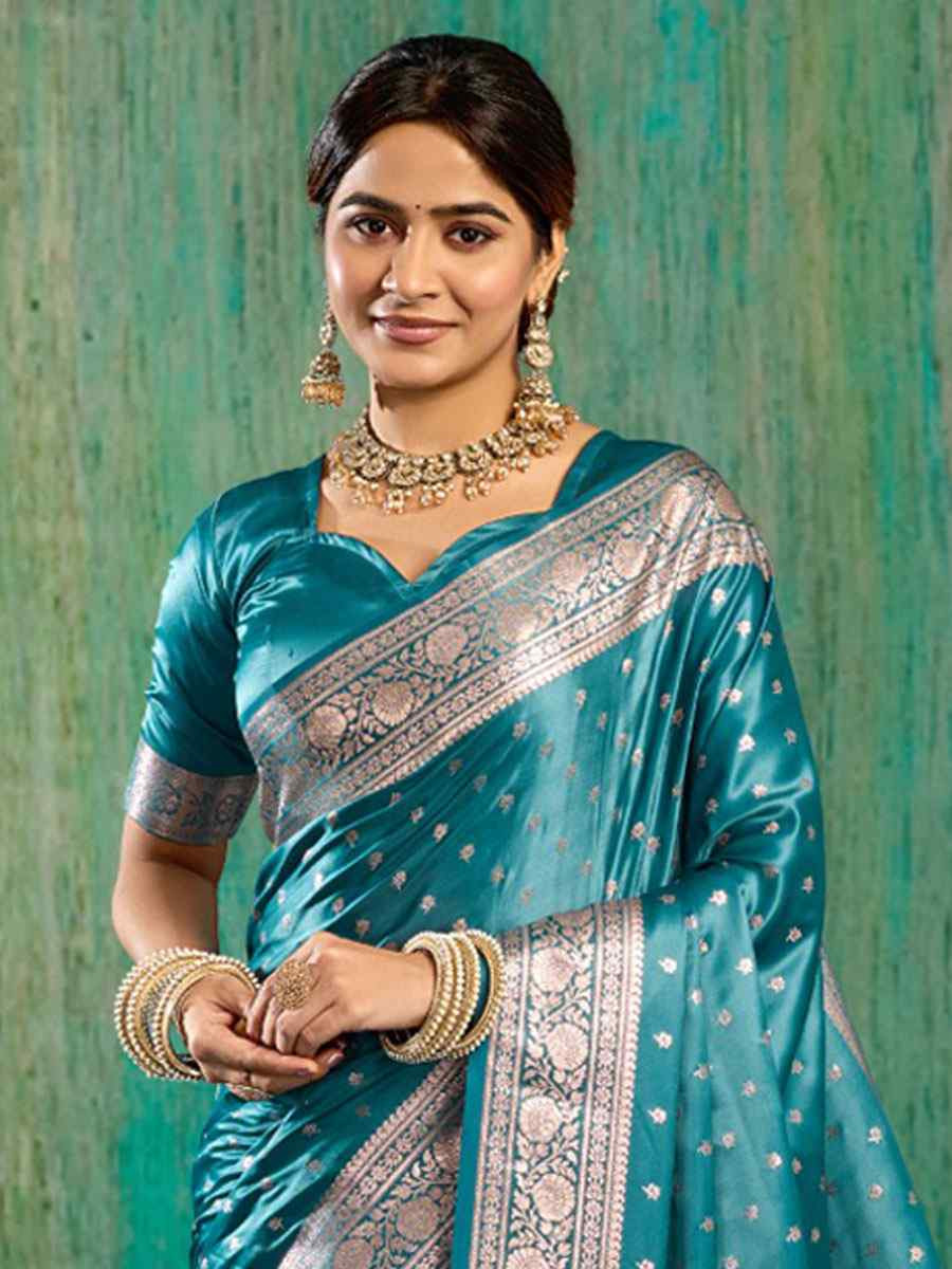 Blue Satin Silk Handwoven Casual Reception Festival Wedding Fancy Classic Style Sarees