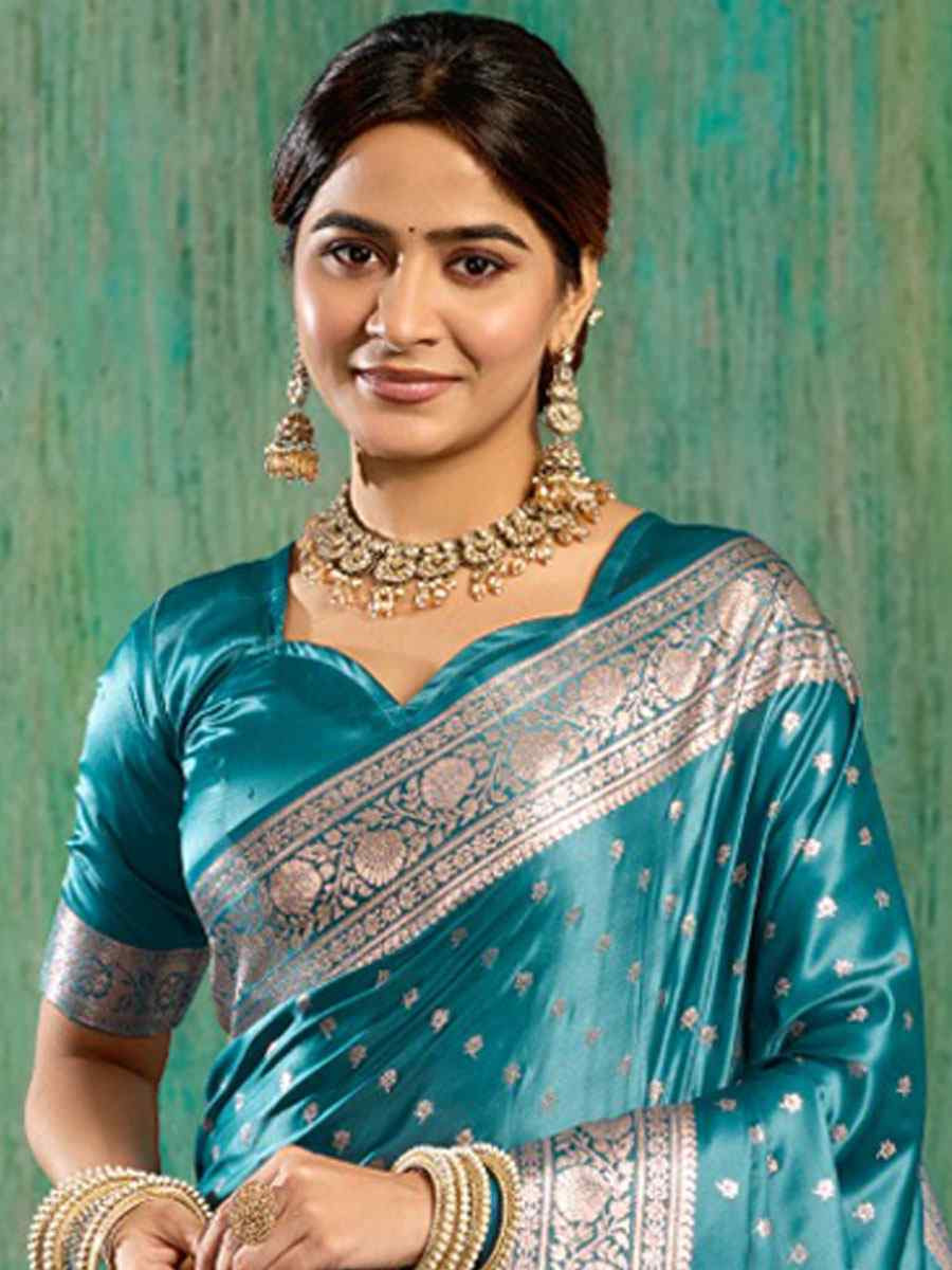 Blue Satin Silk Handwoven Casual Reception Festival Wedding Fancy Classic Style Sarees