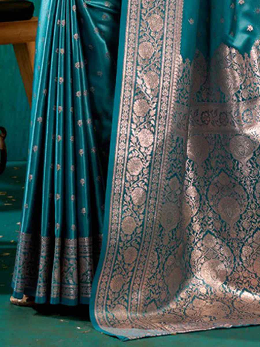 Blue Satin Silk Handwoven Casual Reception Festival Wedding Fancy Classic Style Sarees