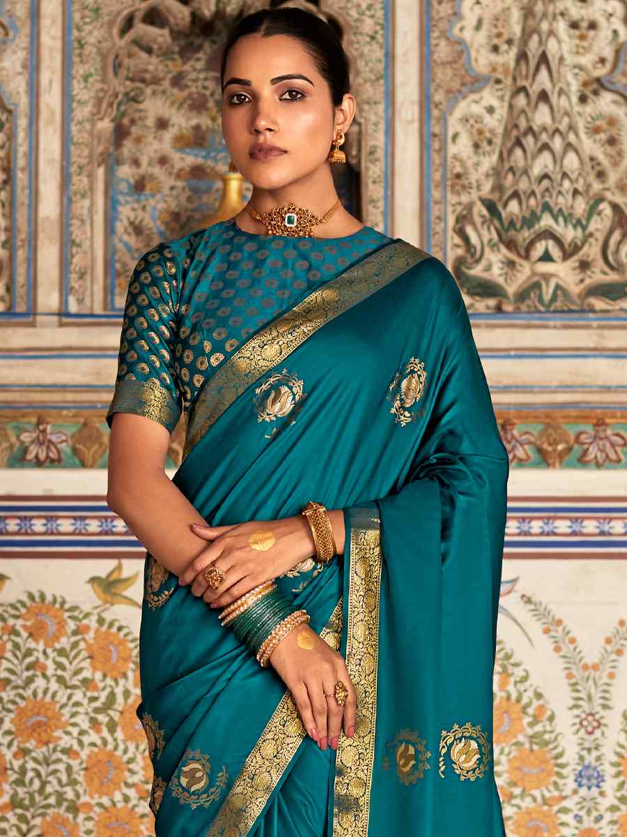 Blue Satin Silk Handwoven Wedding Festival Heavy Border Saree