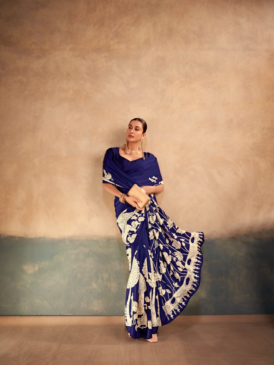 Blue Satin Silk Kalamkari Printed Wedding Reception Party Festival Casual Heavy Border Sarees