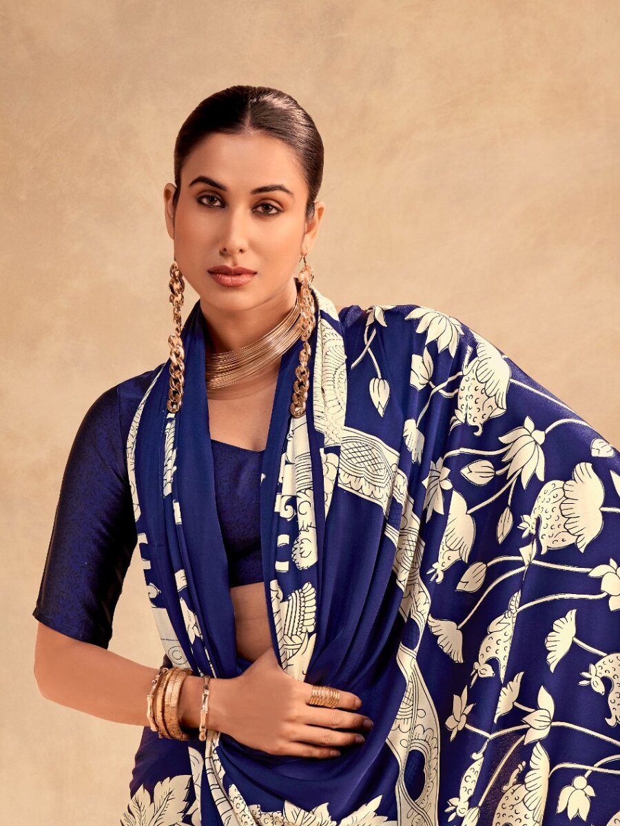 Blue Satin Silk Kalamkari Printed Wedding Reception Party Festival Casual Heavy Border Sarees
