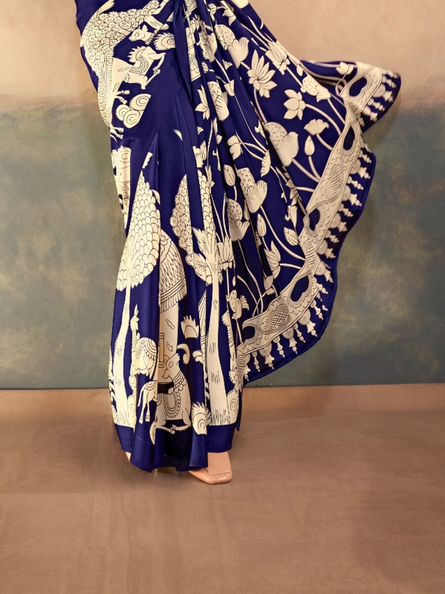 Blue Satin Silk Kalamkari Printed Wedding Reception Party Festival Casual Heavy Border Sarees