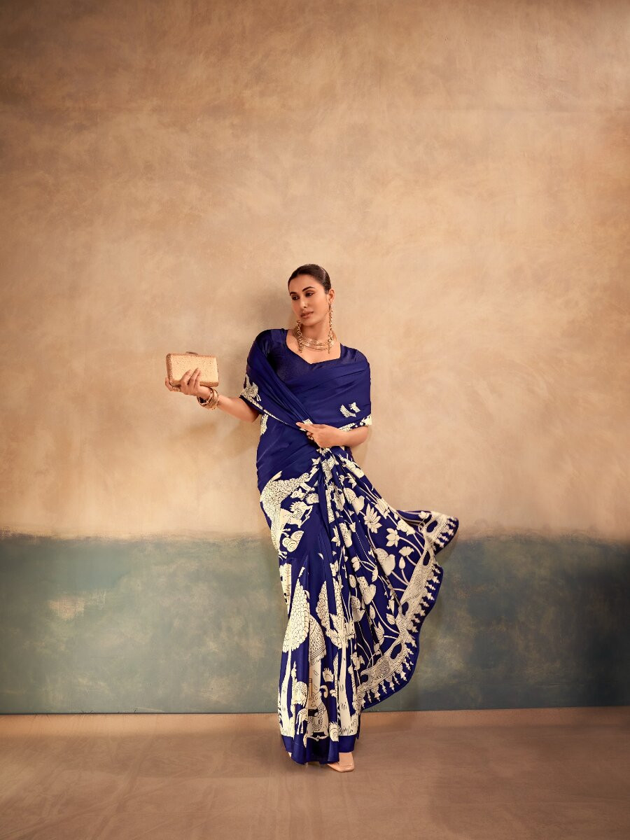 Blue Satin Silk Kalamkari Printed Wedding Reception Party Festival Casual Heavy Border Sarees