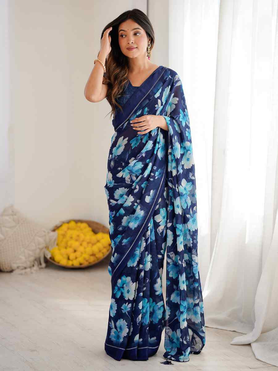Blue Satin Silk Printed Casual Reception Festival Wedding Fancy Classic Style Sarees