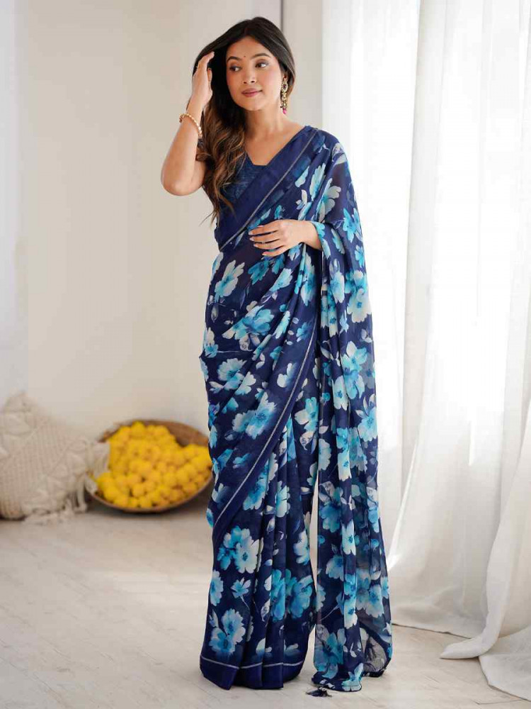 Image of Blue Satin Silk Printed Casual Reception Festival Wedding Fancy Classic Style Sarees