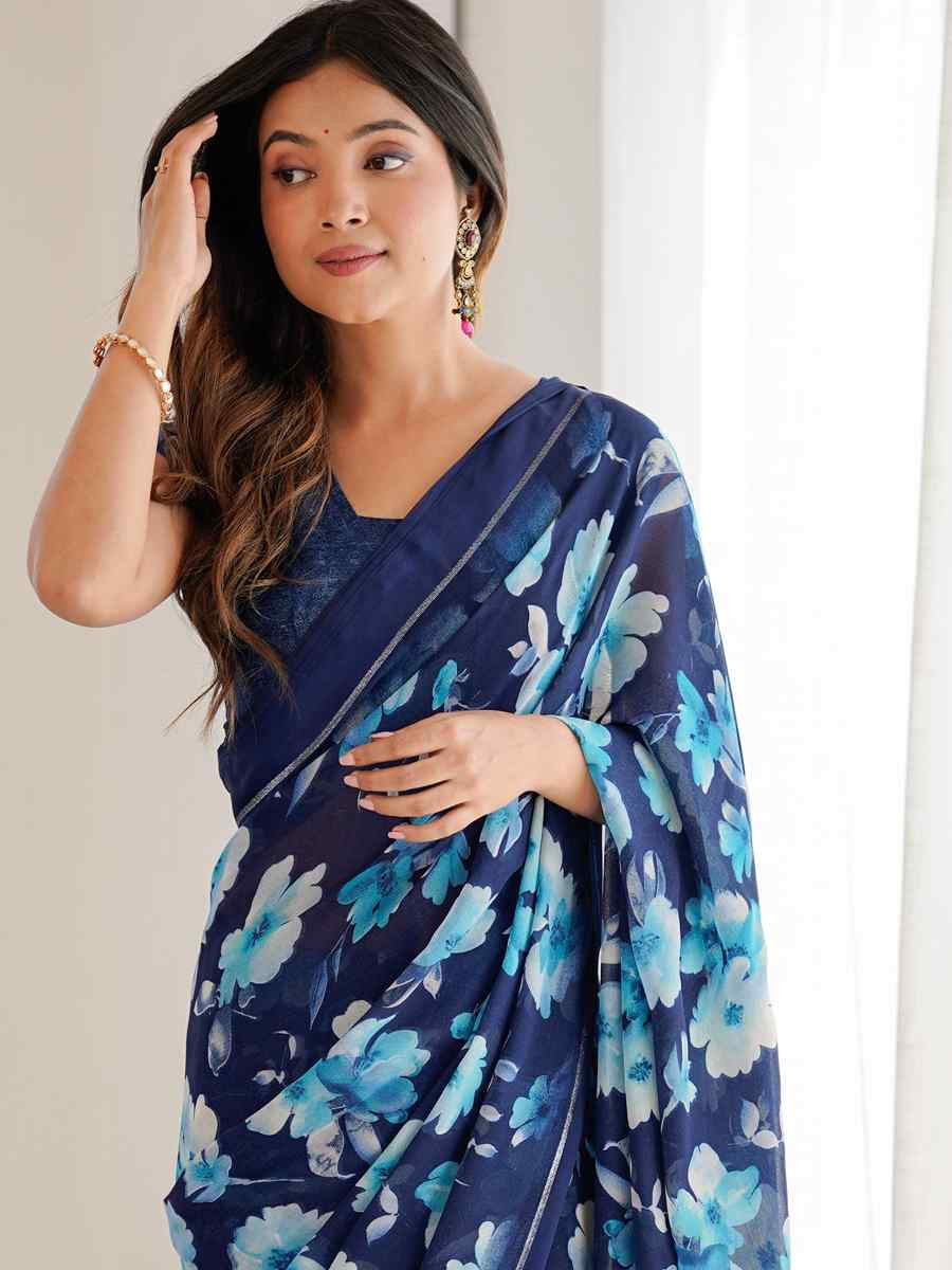 Blue Satin Silk Printed Casual Reception Festival Wedding Fancy Classic Style Sarees