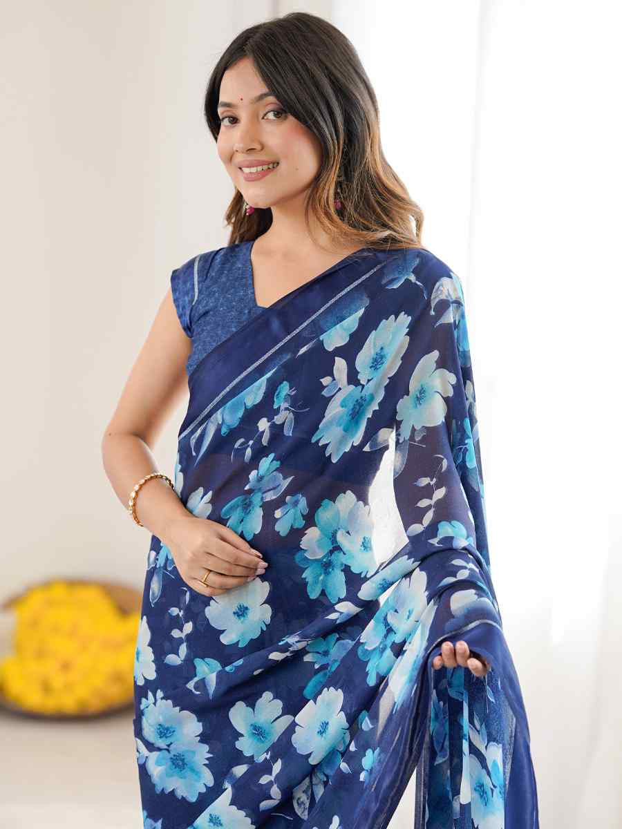 Blue Satin Silk Printed Casual Reception Festival Wedding Fancy Classic Style Sarees