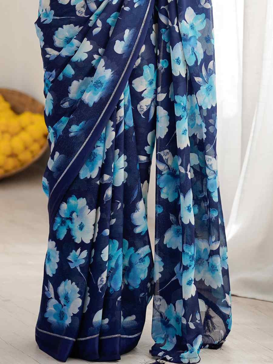 Blue Satin Silk Printed Casual Reception Festival Wedding Fancy Classic Style Sarees
